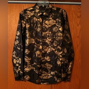 Pavini Mens Size Medium Button Up Casual Dress Shirt Black And Golden Paisley